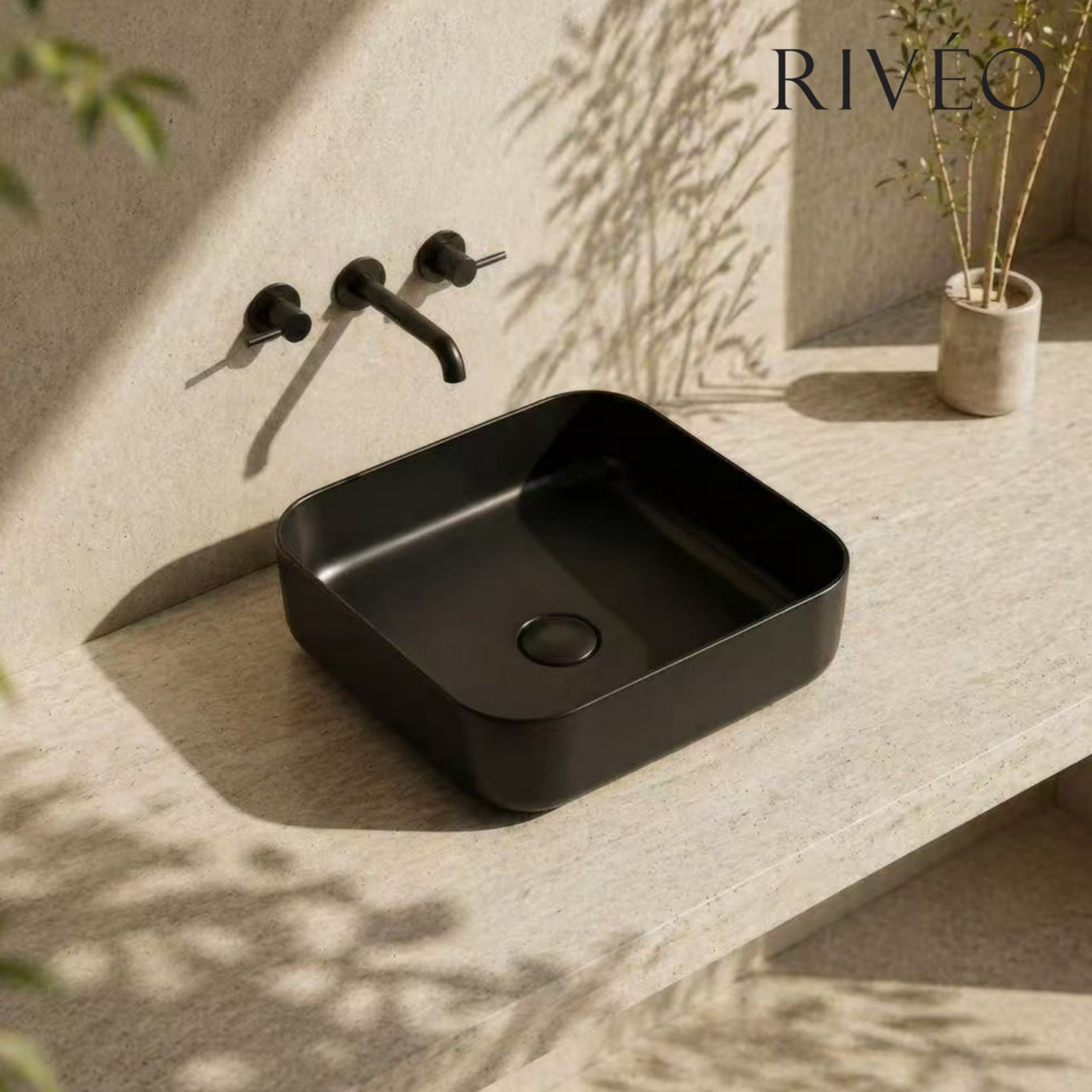 Vasque à Poser Carrée Arrondie RIVÉO – 385 × 385 mm – Avec Bonde