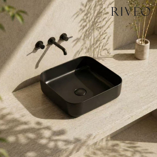 Vasque à Poser Carrée Arrondie RIVÉO – 385 × 385 mm – Avec Bonde