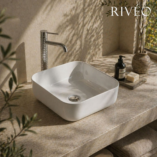 Vasque à Poser Carrée Arrondie RIVÉO – 385 × 385 mm – Avec Bonde