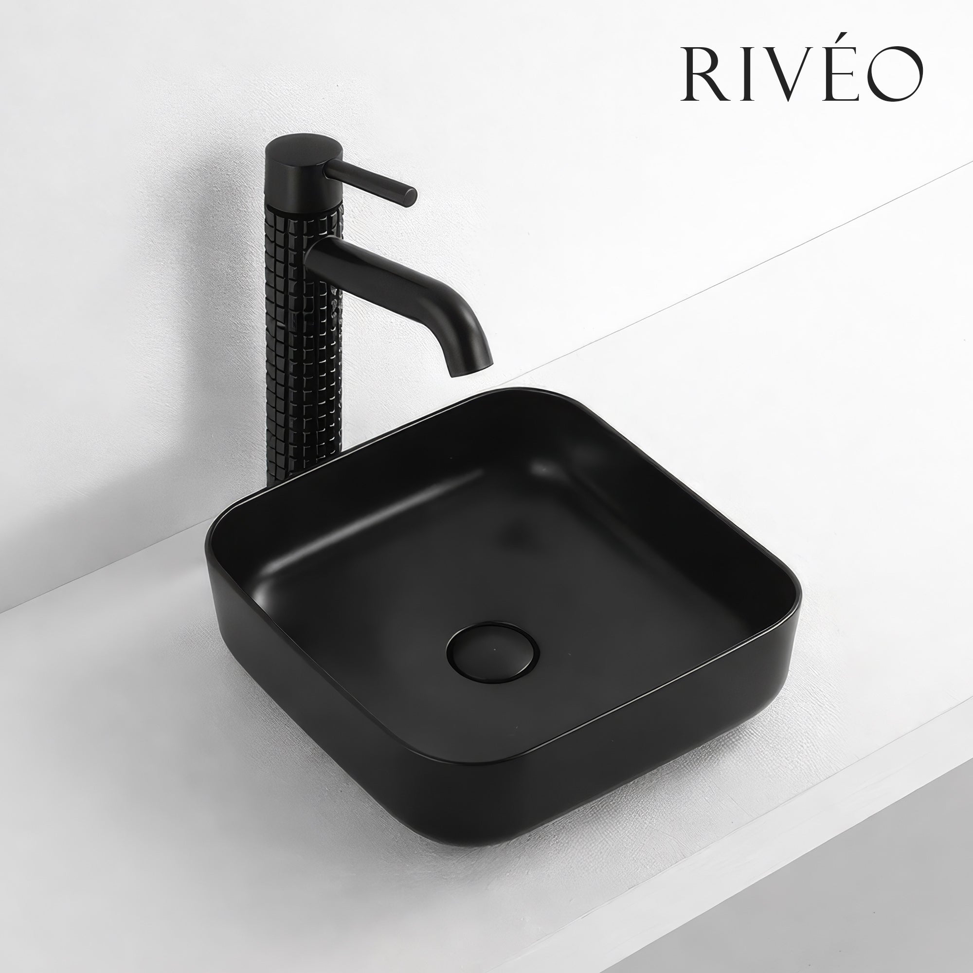 Vasque à Poser Carrée Arrondie RIVÉO – 385 × 385 mm – Avec Bonde