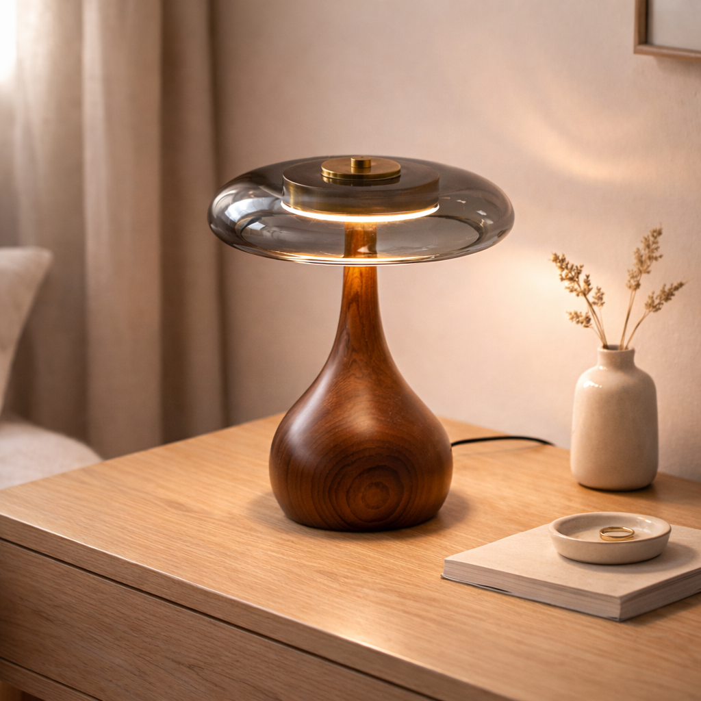 Lampe de Table en Frêne & Verre Fumé Gris – ÉLOISE01 – Decopine (Disponible en précommande)
