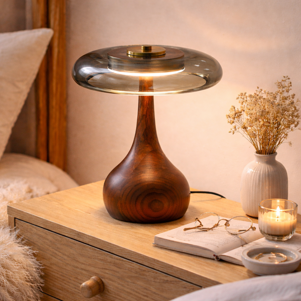 Lampe de Table en Frêne & Verre Fumé Gris – ÉLOISE01 – Decopine (Disponible en précommande)