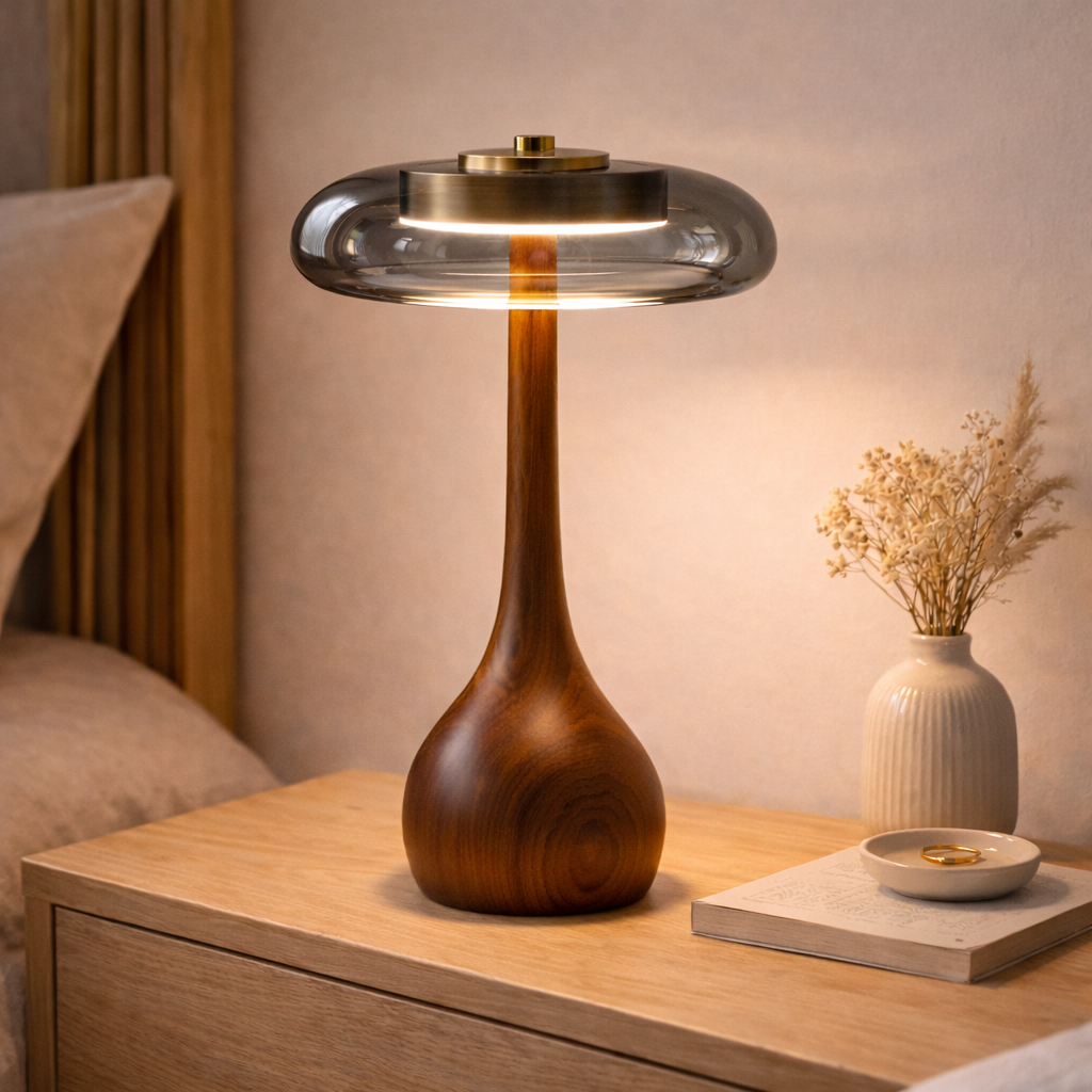 Lampe de Table Haute en Frêne & Verre Fumé Gris – ÉLOISE02 – Decopine(Disponible en précommande)