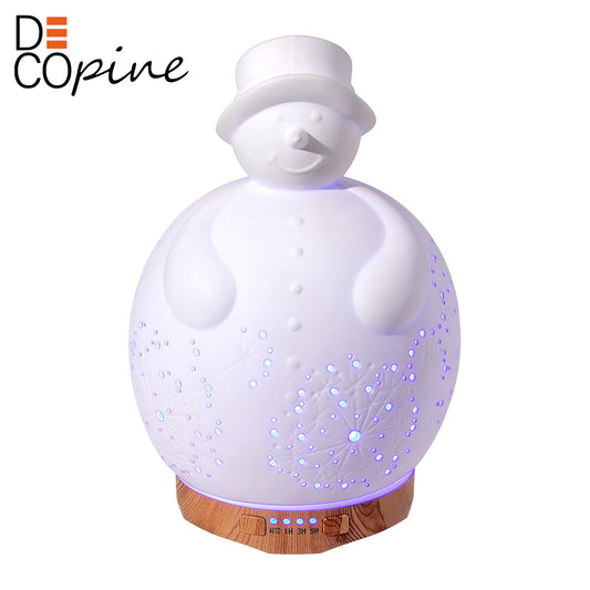 DecopineⓇ Diffuseur d’Huiles Essentielles - Design Bonhomme de Neige en Céramique - Humidificateur LED (24cm)