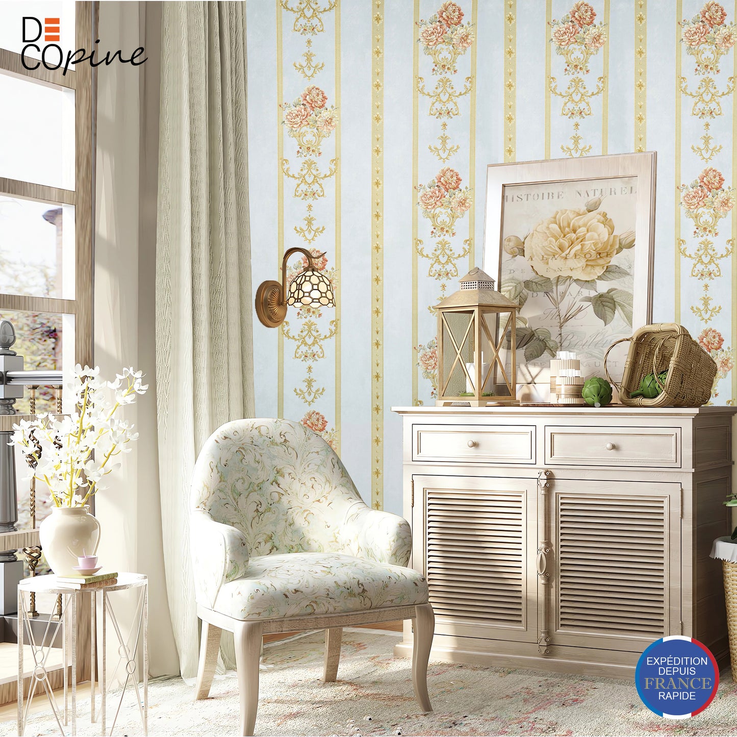 Papier Peint Intissé Ruban Royal – Bleu Pâle – 0,53 x 10m