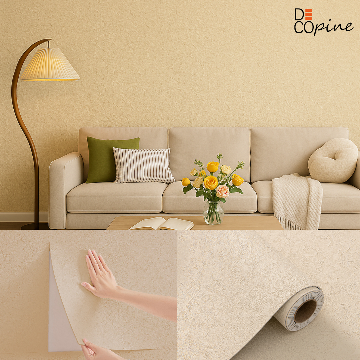 Papier Peint Auto-adhésif 3D – Relief Texturé Fin – Jaune Ivoire – 60×280 cm