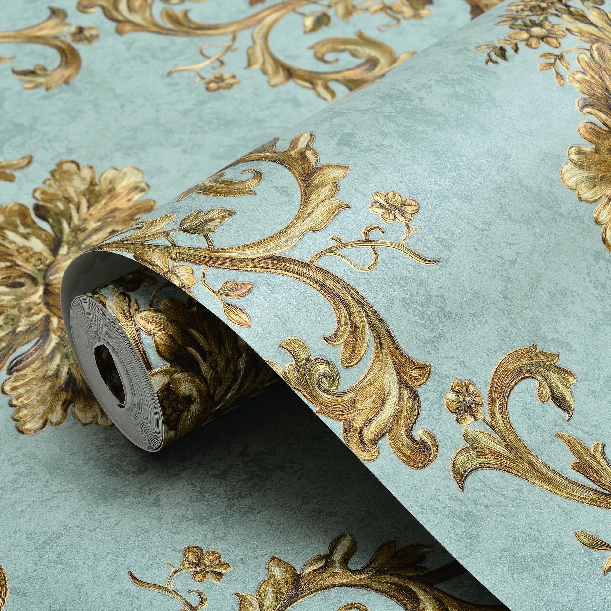 Maison d'Or Vliestapete – 3D Blumendekor Blaugrün – 0,53 x 10m – Ohne Kleber