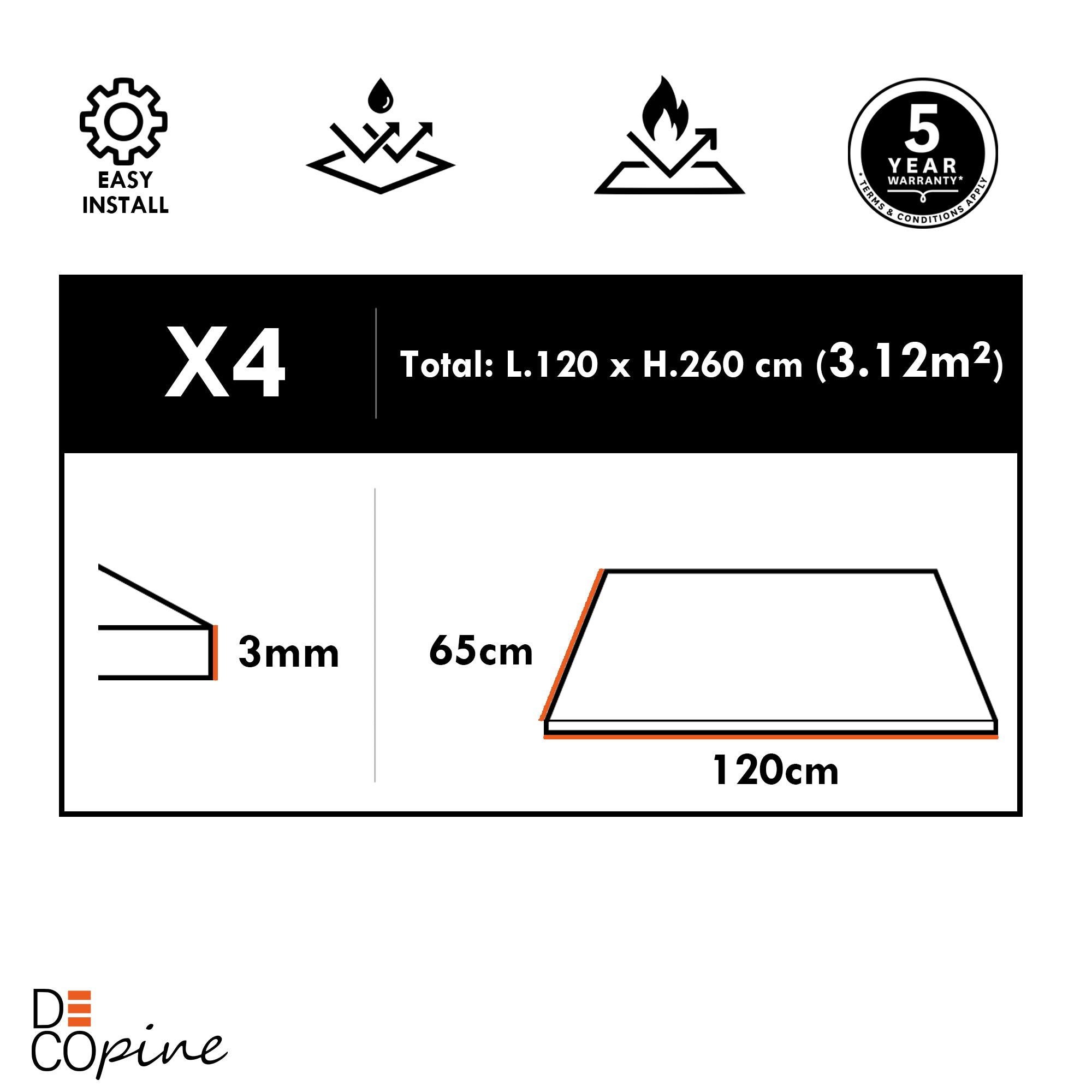 Panneau mural décoratif en PVC – Finition brillante noire – 65×120 cm (Lot de 4, 3,12 m²) - REF: A01MB02