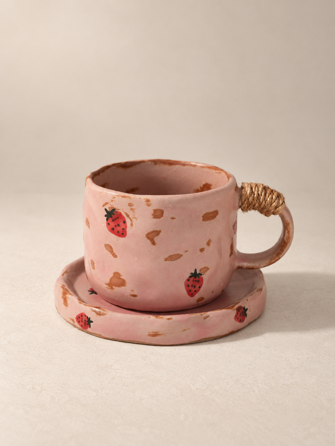 Tasse à café artisanale en céramique rose motif fraise avec soucoupe – 270 ml
