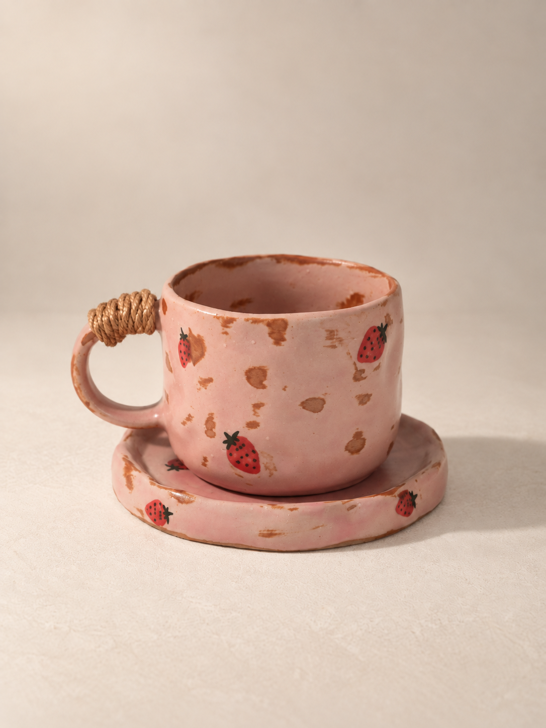 Tasse à café artisanale en céramique rose motif fraise avec soucoupe – 270 ml