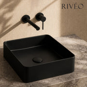 Vasque à Poser Carrée Noir Mat RIVÉO – 365 × 365 mm – Avec Bonde Incluse
