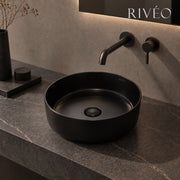 Vasque à Poser Ronde en Céramique Noir Mat RIVÉO – 360 × 360 mm – Avec Bonde
