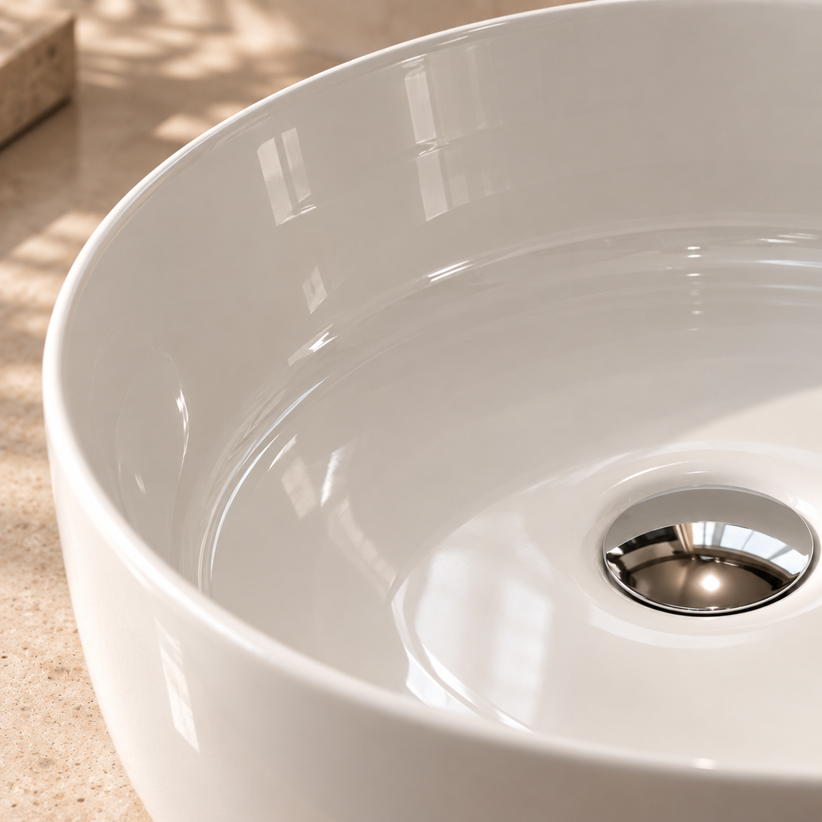 RIVÉO Beige Marble Effect Round Countertop Basin – 360 x 360 mm – With Drain