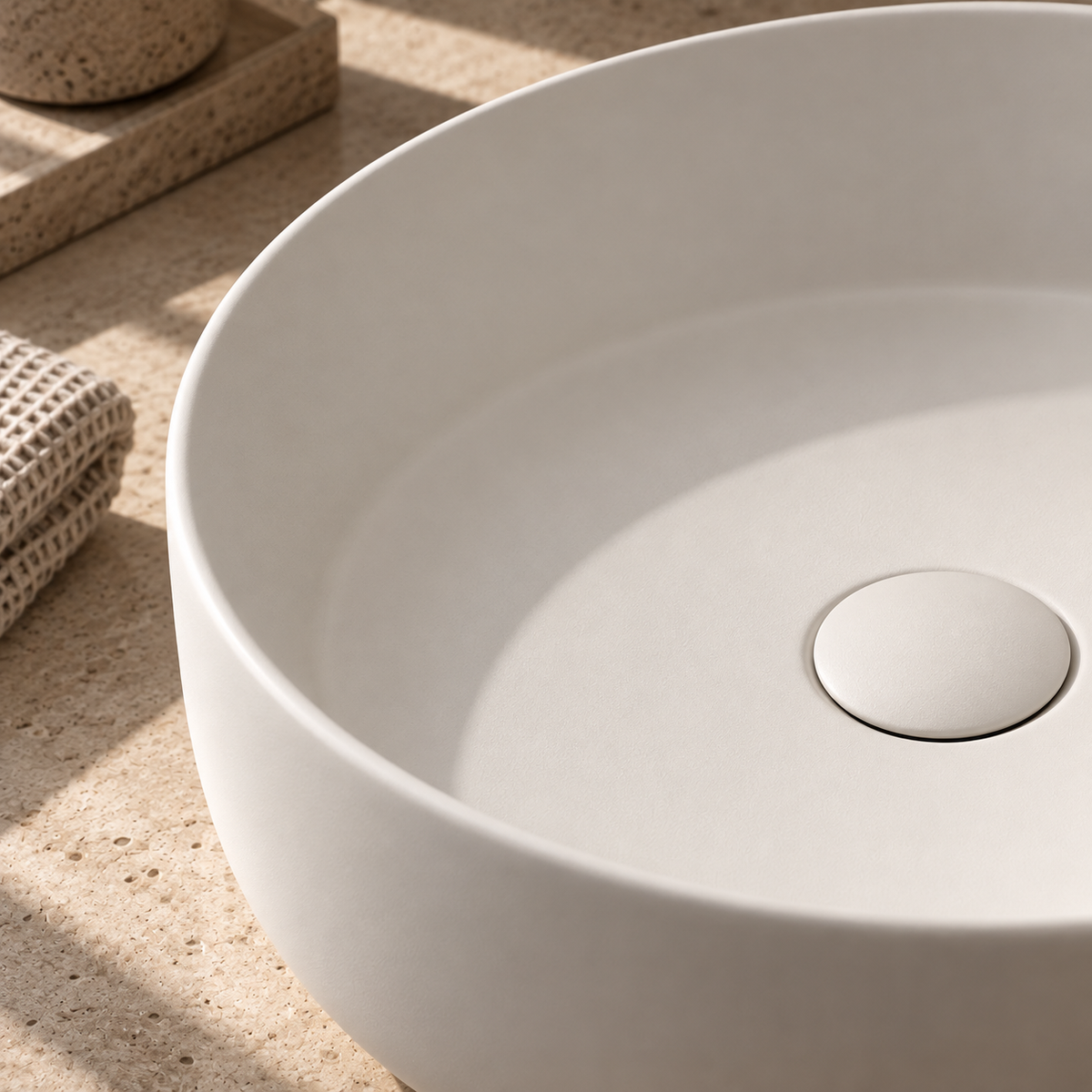 Vasque à Poser Ronde en Céramique Blanc Mat RIVÉO – 360 × 360 mm – Avec Bonde