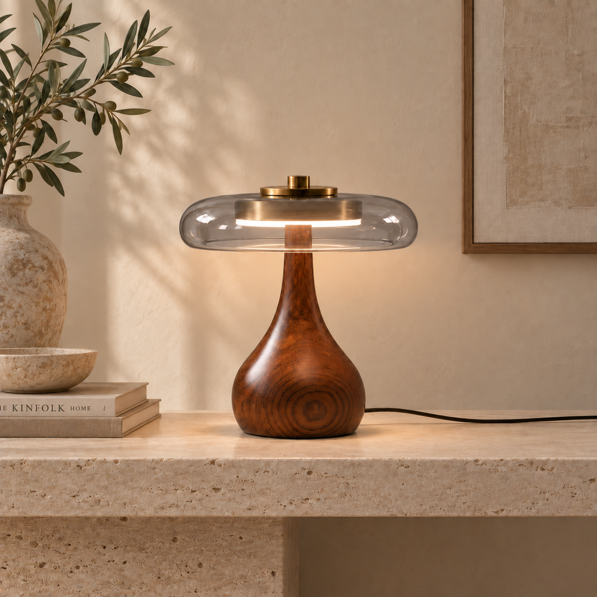 Eloise Ash Wood & Grey Smoked Glass Table Lamp – ELOISE01 – Decopine (Available for pre-order)
