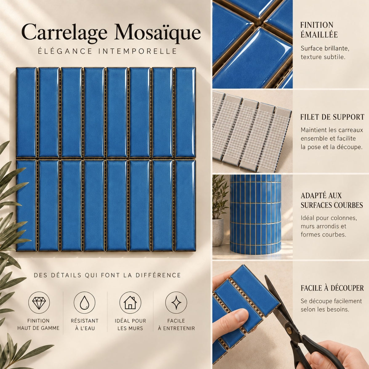 Mosaïque en Céramique Émaillée – Bleu Cobalt – 28,4 × 29,6 cm