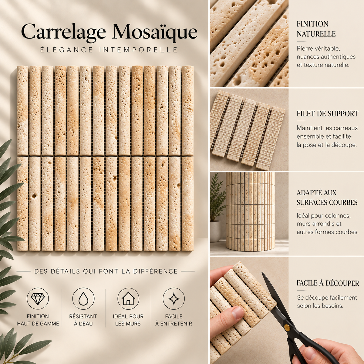 Mosaïque en Travertin Naturel – Demi-Rond – Beige – 30,5 × 30 cm