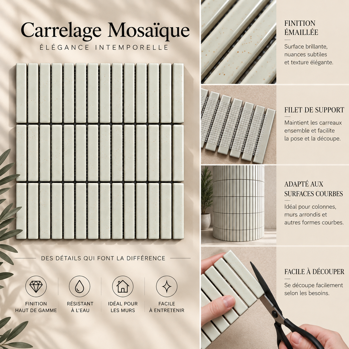 Mosaïque en Céramique Émaillée – Blanc Ivoire Moucheté – 28,4 × 29,6 cm