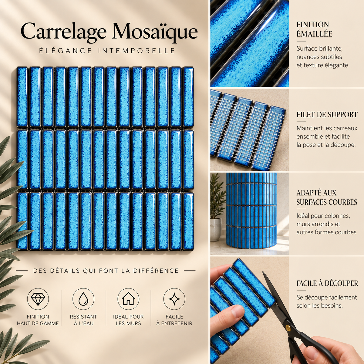 Mosaïque en Céramique Émaillée – Bleu Lagon – 28,4 × 29,6 cm