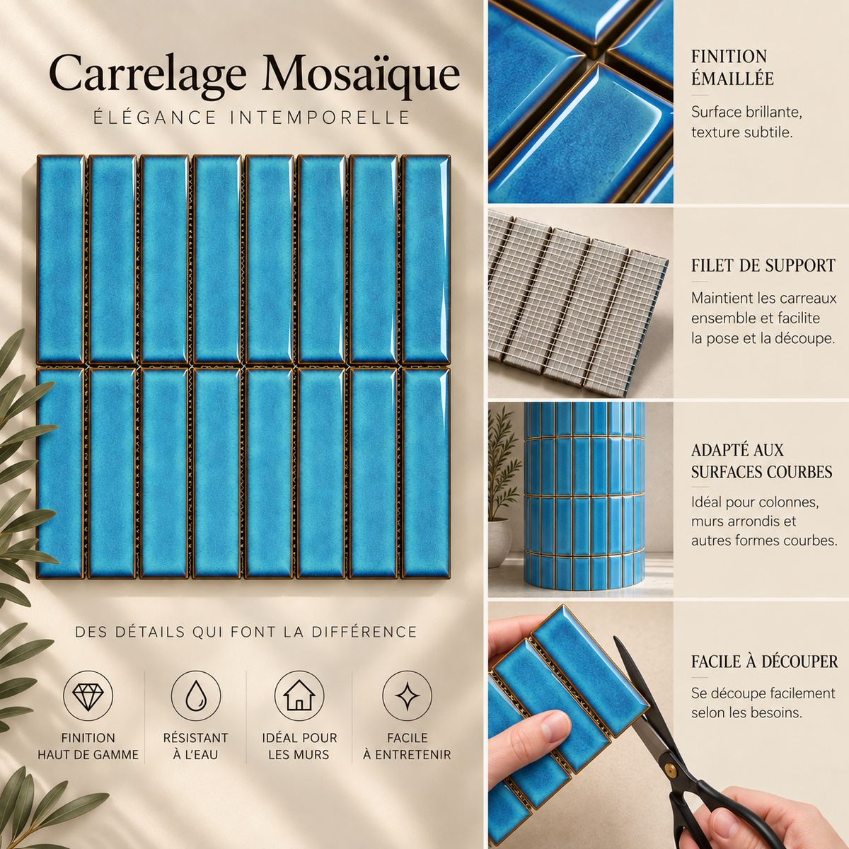 Mosaïque en Céramique Émaillée – Bleu Turquoise – 28,4 × 29,6 cm