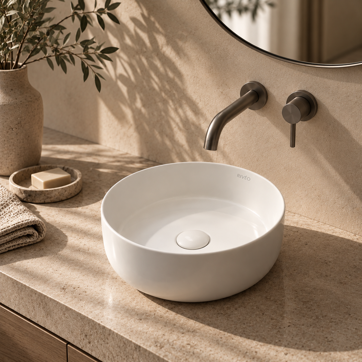 Vasque à Poser Ronde en Céramique Blanc Mat RIVÉO – 360 × 360 mm – Avec Bonde
