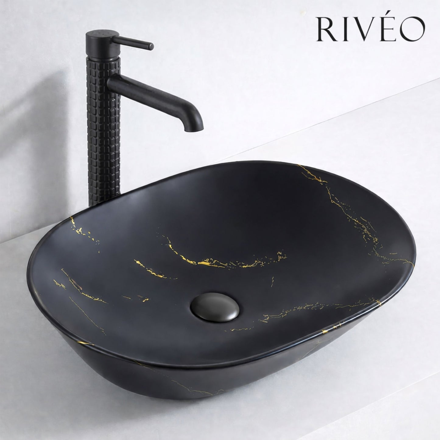 Vasque à Poser Ovale Noir Marbre Veiné Or RIVÉO – 590 × 425 mm – Avec Bonde