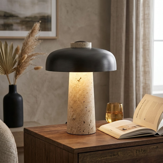 Lampe de Table en Travertin Naturel & Métal Noir – Interrupteur Tactile – Decopine