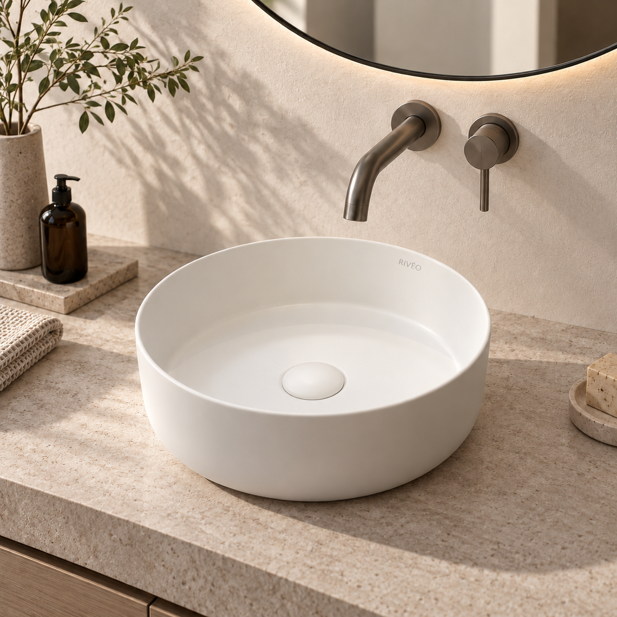 RIVÉO Beige Marble Effect Round Countertop Basin – 360 x 360 mm – With Drain