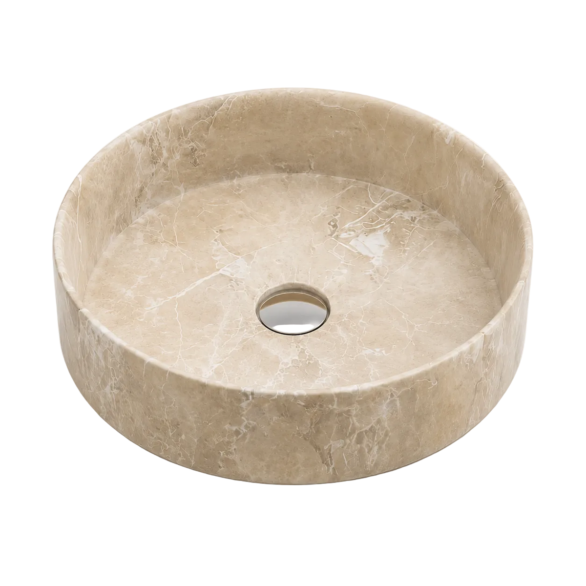 Vasque à Poser Ronde Effet Marbre Beige RIVÉO – 360 × 360 mm – Avec Bonde