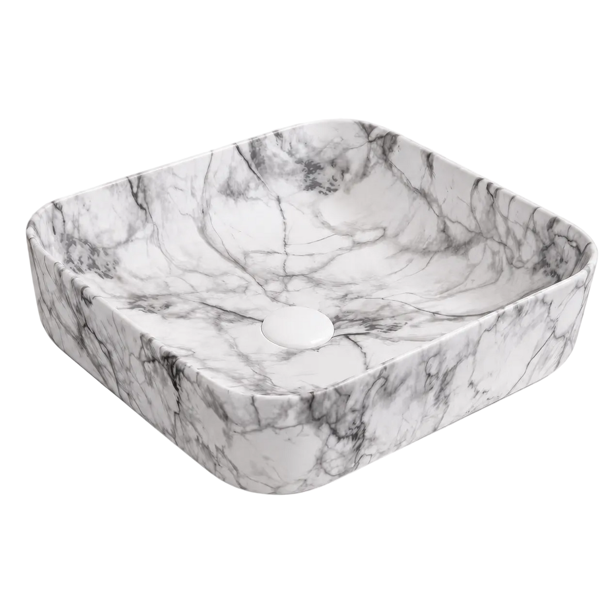Vasque à Poser Carrée Arrondie Marbre Blanc Veiné Gris RIVÉO – 395 × 395 mm – Avec Bonde