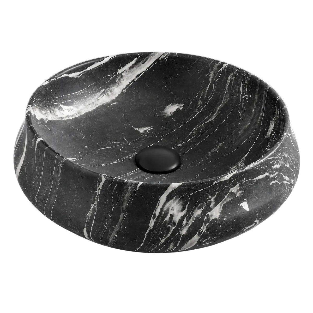 Vasque à Poser Ronde Noir Veiné Blanc RIVÉO – Ø455 mm – Avec Bonde
