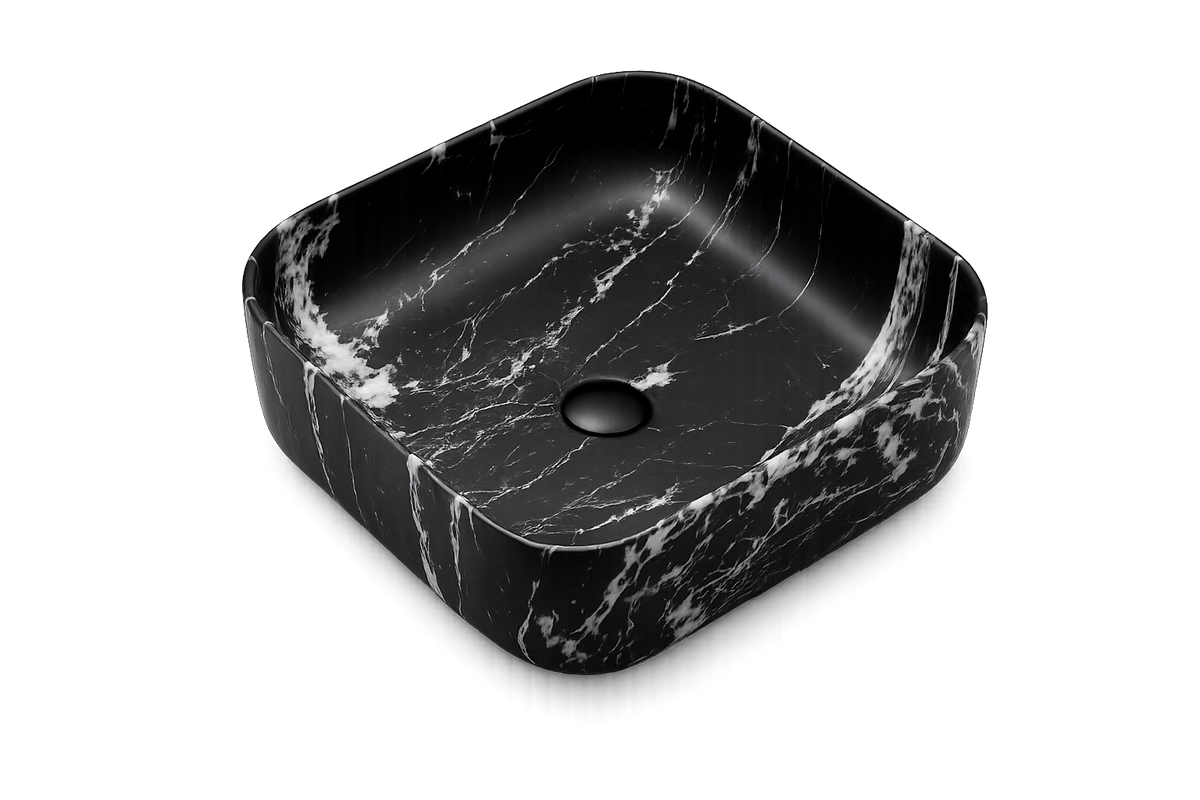 Vasque à Poser Carrée Arrondie Effet Marbre Noir RIVÉO – 395 × 395 mm – Avec Bonde