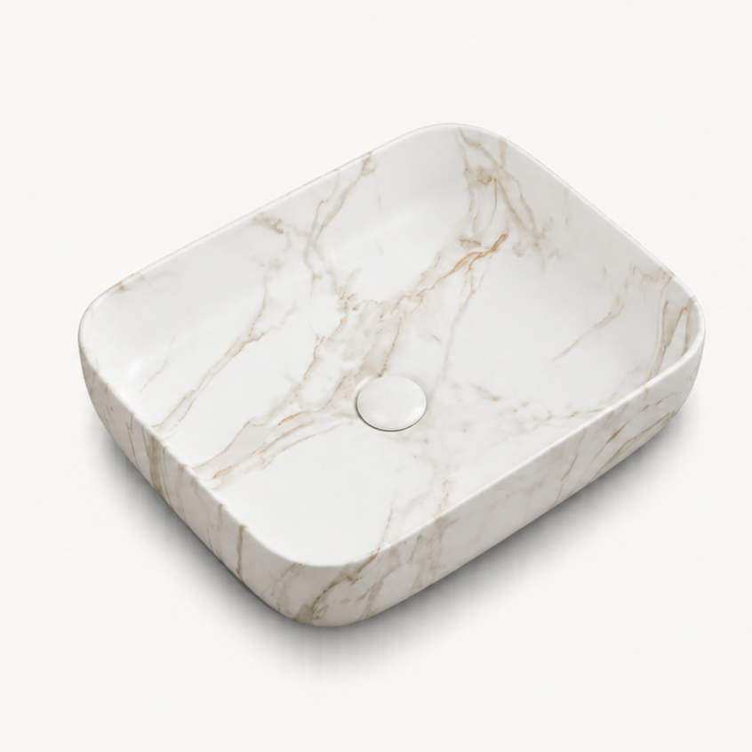 Vasque à Poser Rectangulaire Arrondie Blanc Veiné Or RIVÉO – 500 × 390 mm – Avec Bonde