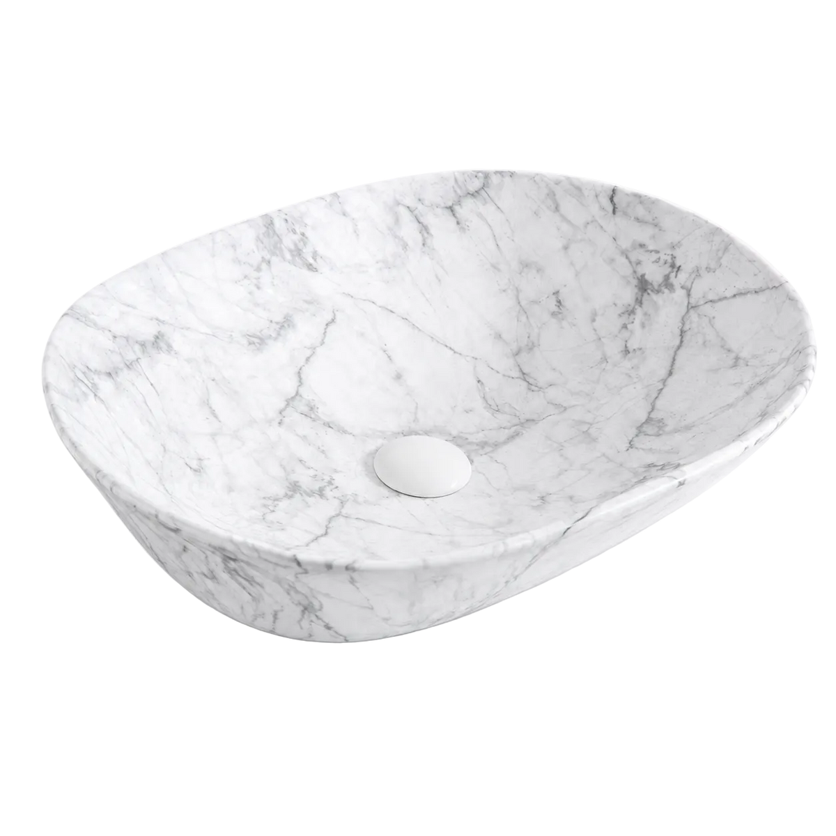 Vasque à Poser Ovale Marbre Blanc Veiné Gris RIVÉO – 590 × 425 mm – Avec Bonde