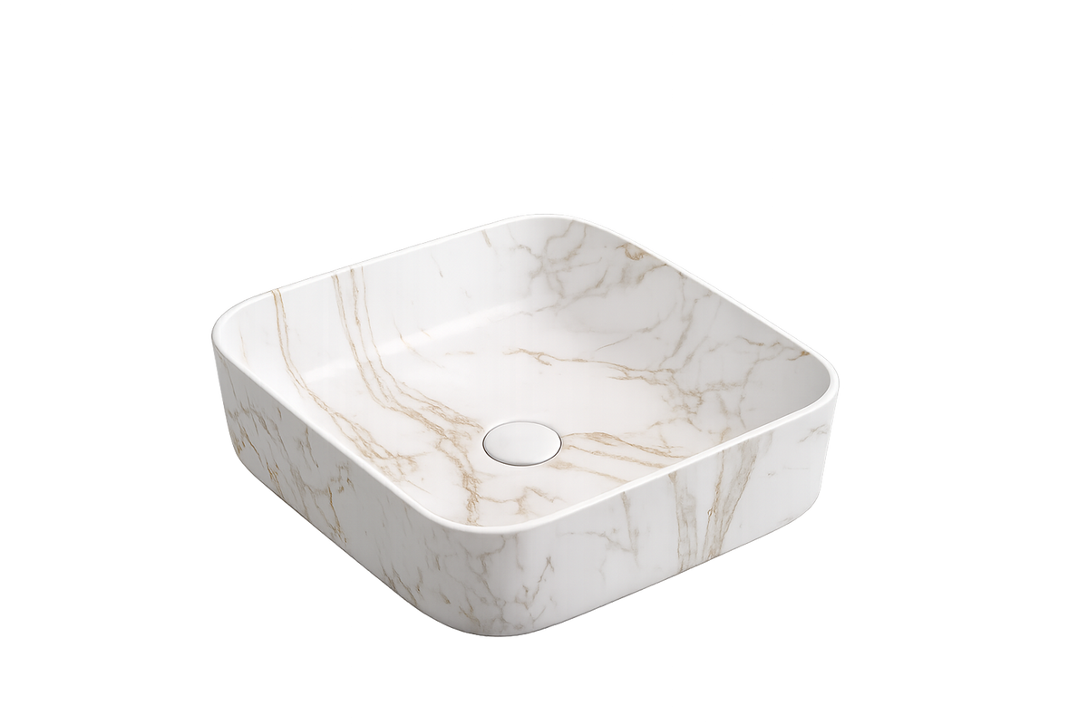 Vasque à Poser Carrée Arrondie Effet Marbre Blanc RIVÉO – 395 × 395 mm – Avec Bonde