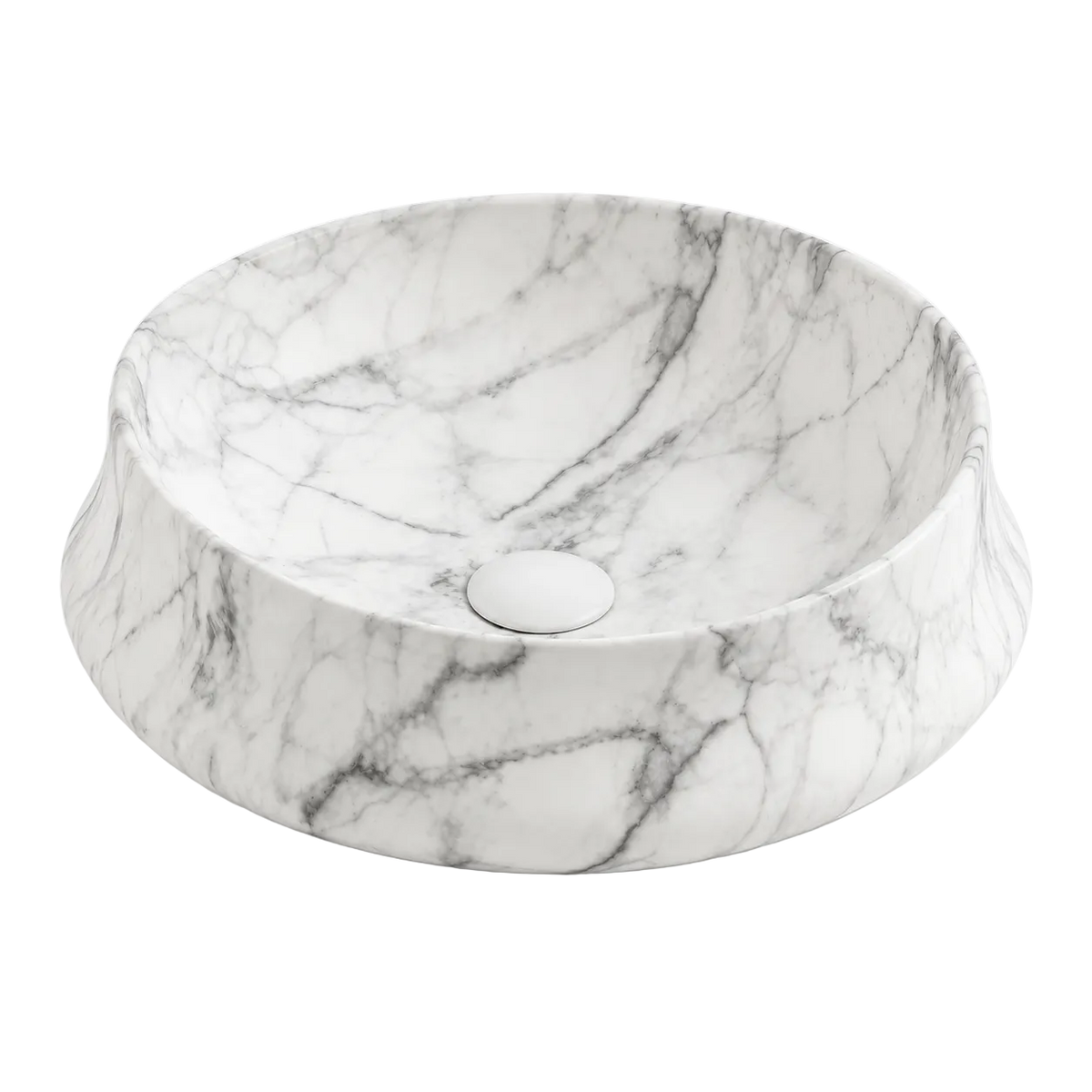 Vasque à Poser Ronde Effet Marbre Blanc RIVÉO – 455 × 455 mm – Avec Bonde