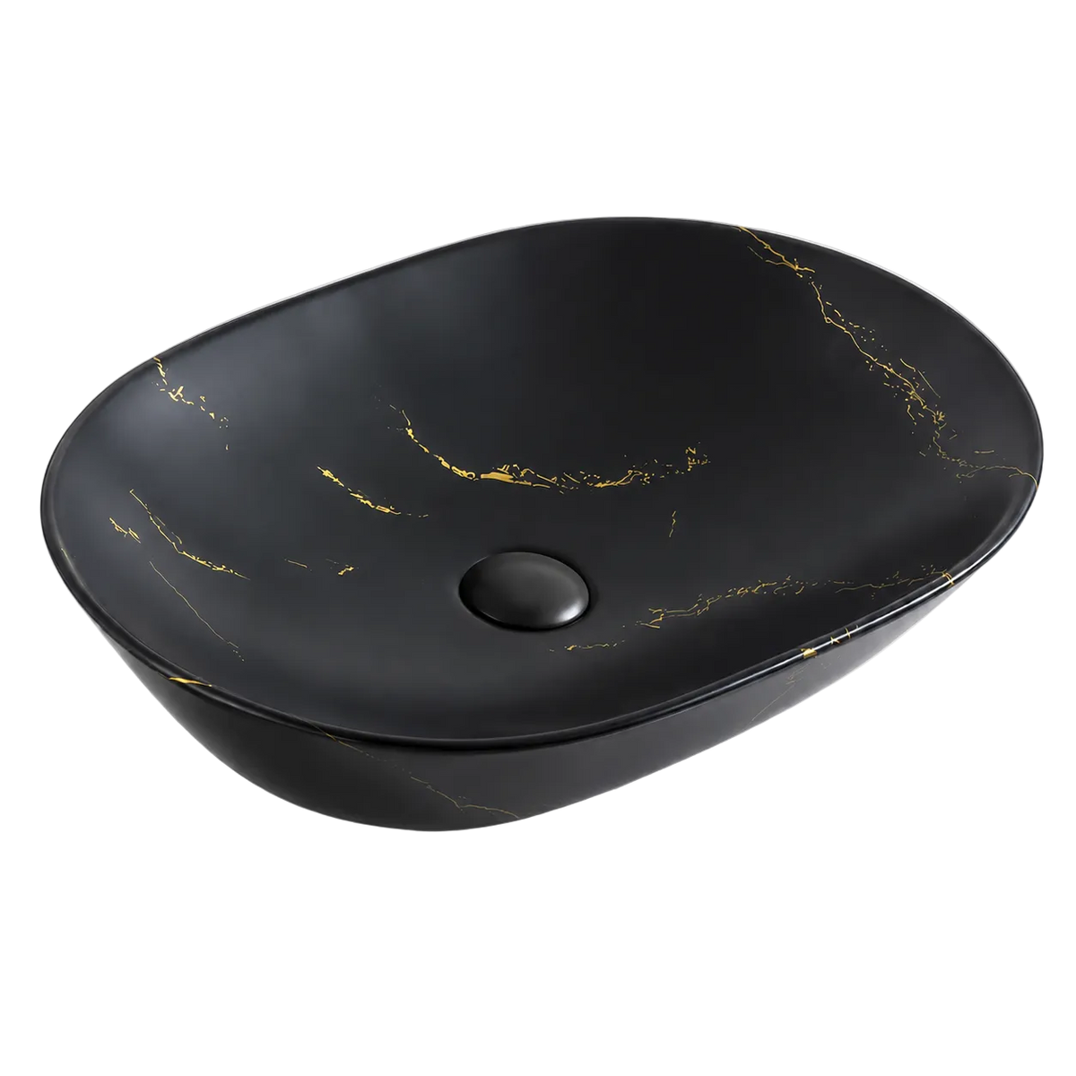 Vasque à Poser Ovale Noir Marbre Veiné Or RIVÉO – 590 × 425 mm – Avec Bonde