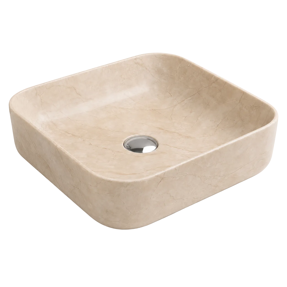 Vasque à Poser Carrée Arrondie Beige Marbre Nuancé RIVÉO – 395 × 395 mm – Avec Bonde