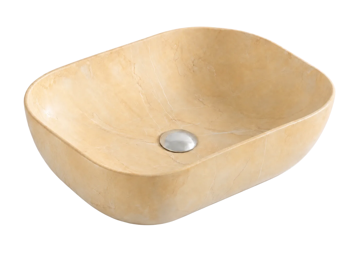 Vasque à Poser Ovale Beige Marbre Nuancé RIVÉO – 590 × 410 mm – Avec Bonde