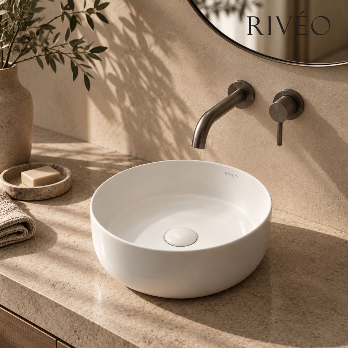 Vasque à Poser Ronde en Céramique Blanc Mat RIVÉO – 360 × 360 mm – Avec Bonde