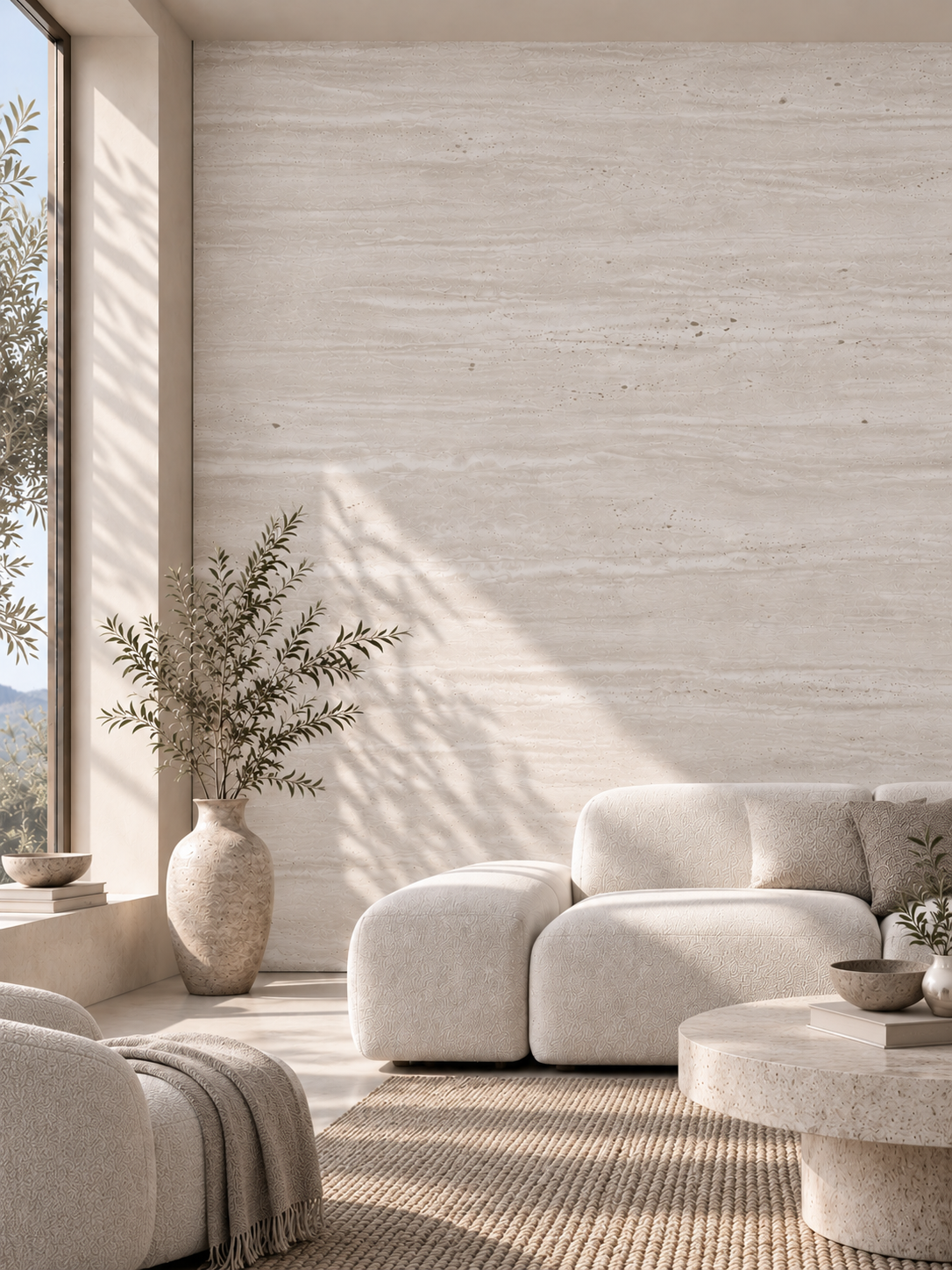 Panneau Mural Souple en Pierre Minérale – Travertin Perle – 60 × 120 cm – Lot de 4 – 2,88 m²