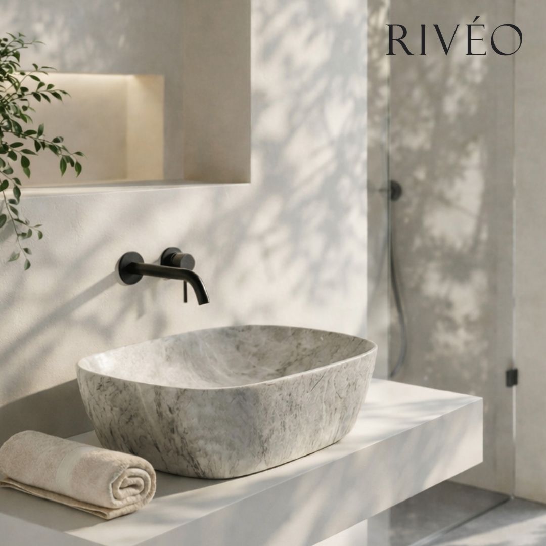 Vasque à Poser Carrée Arrondie Effet Pierre Grise RIVÉO – 410 × 410 mm – Avec Bonde