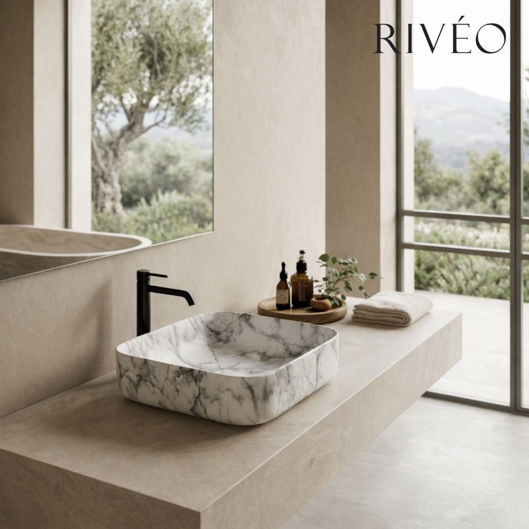 Vasque à Poser Carrée Arrondie Marbre Blanc Veiné Gris RIVÉO – 395 × 395 mm – Avec Bonde