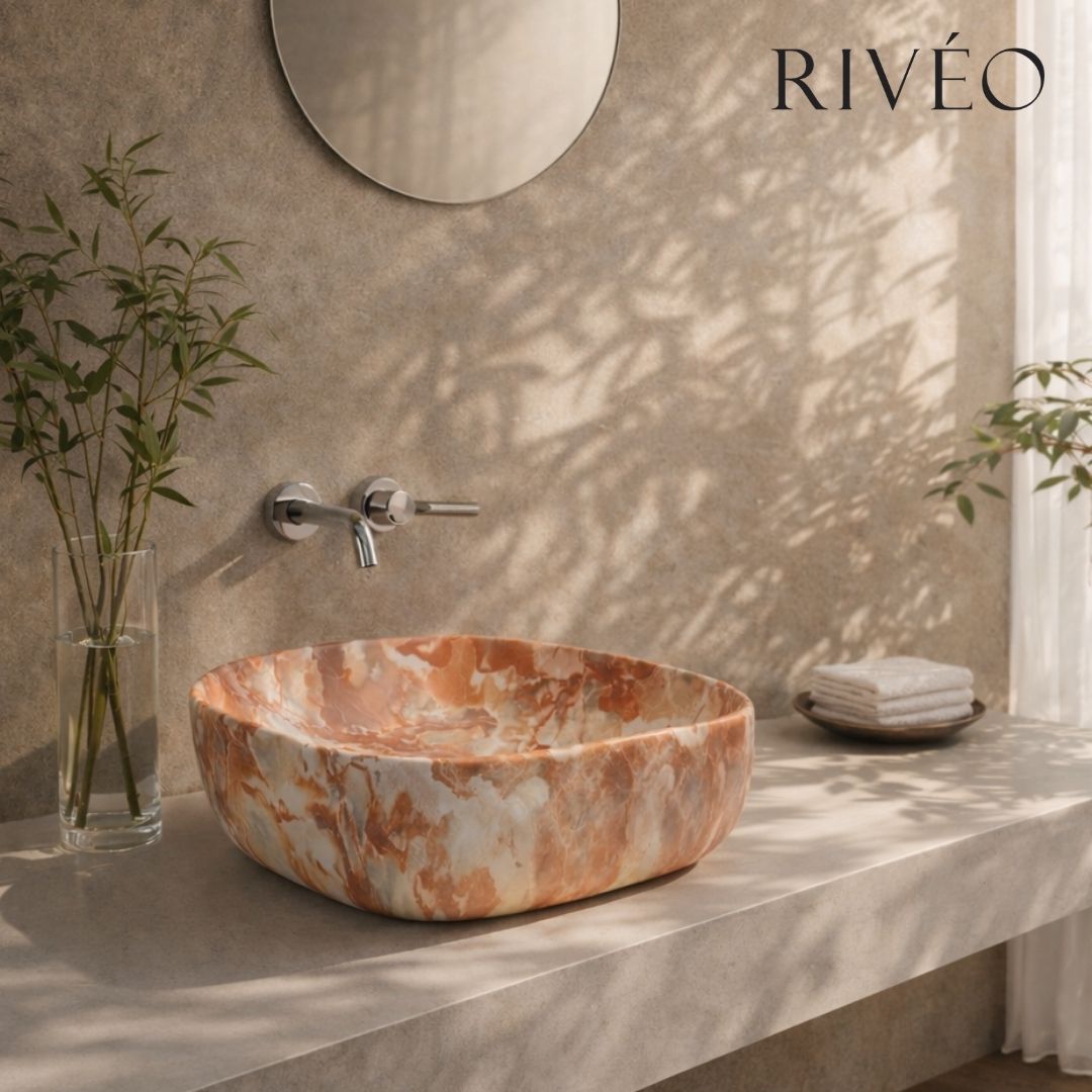 Vasque à Poser Carrée Arrondie Effet Marbre Terracotta RIVÉO – 425 × 425 mm – Avec Bonde