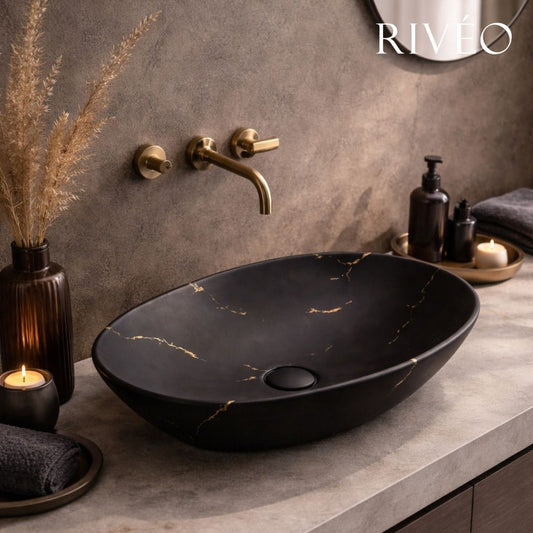 Vasque à Poser Ovale Noir Marbre Veiné Or RIVÉO – 590 × 425 mm – Avec Bonde