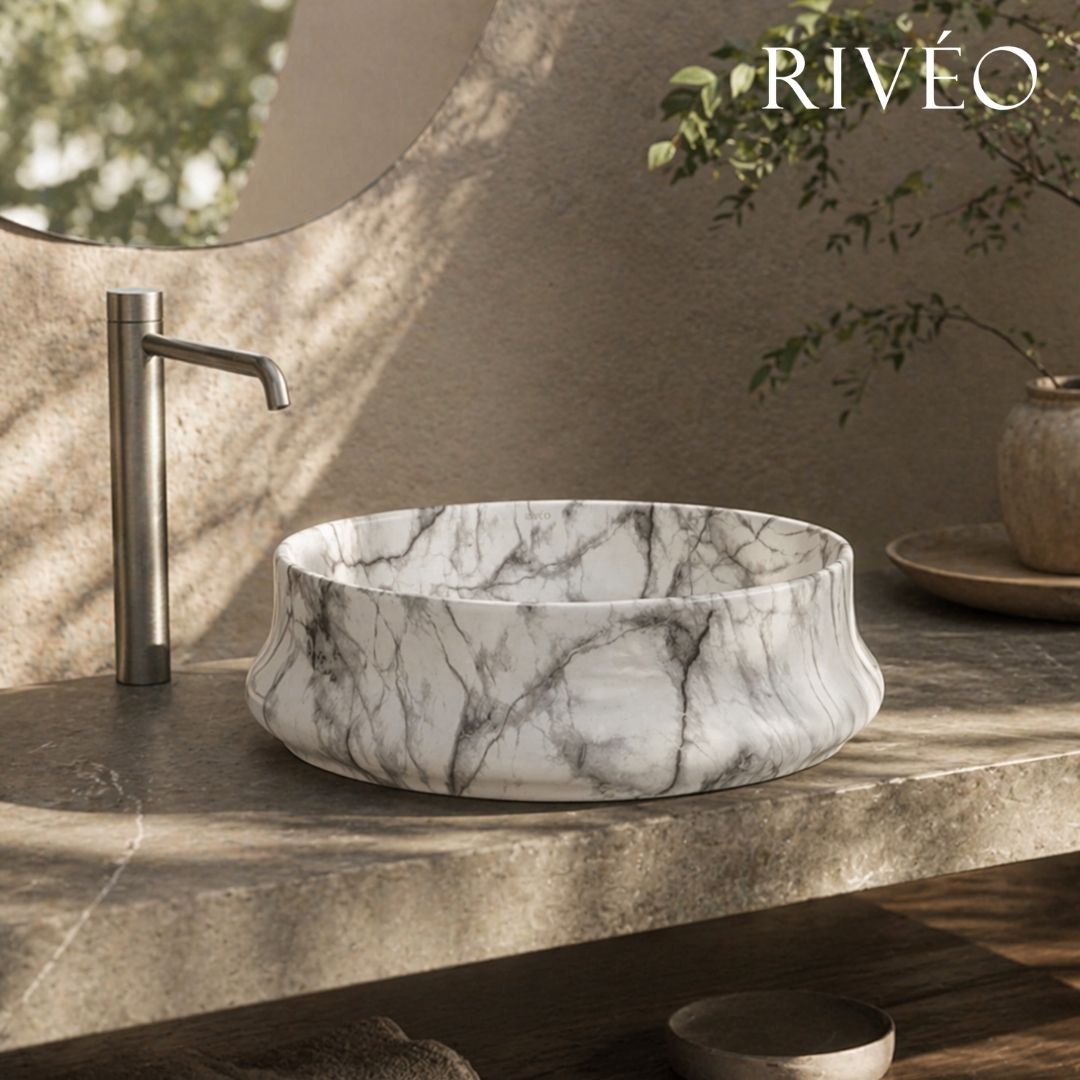 Vasque à Poser Ronde Effet Marbre Blanc RIVÉO – 455 × 455 mm – Avec Bonde