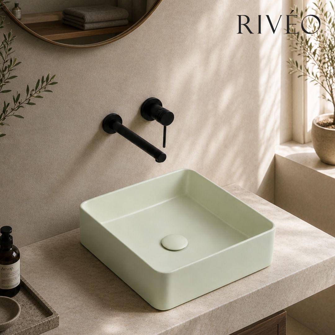Vasque à Poser Carrée Arrondie Vert Sauge RIVÉO – 365 × 365 mm – Avec Bonde
