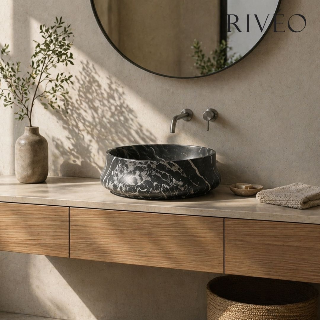 Vasque à Poser Ronde Noir Veiné Blanc RIVÉO – Ø455 mm – Avec Bonde