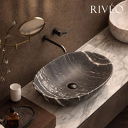 Vasque à Poser Ovale Noir Veiné Blanc RIVÉO – 590 × 425 mm – Avec Bonde