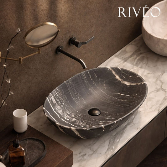 Vasque à Poser Ovale Noir Veiné Blanc RIVÉO – 590 × 425 mm – Avec Bonde